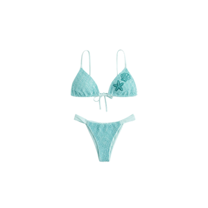 Maillot de bain deux pièces pour femme en élasthanne/coton respirant, couleur unie rouge, avec perles, col halter et liens latéraux, idéal pour la plage - Product Image 3