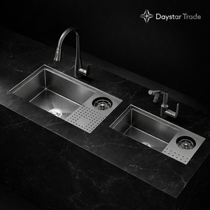 Évier de cuisine rectangulaire moderne Daystar Trade à cuve unique, à encastrer sous plan, surface noire brossée, robinet fait main, design minimaliste - Product Image 4