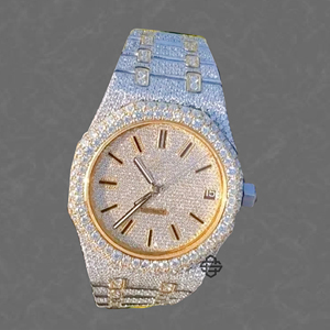 Montre à quartz de luxe pour homme, entièrement sertie de diamants Moissanite, verre glacé, bracelet en acier inoxydable de 20 mm, chiffres romains, boîtier de 41 mm, mouvement ETA - Product Image 1
