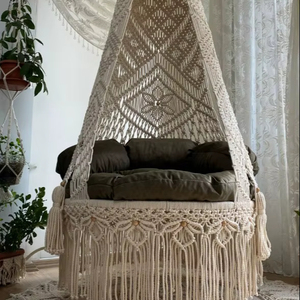 <b>Macrame</b> cotton rocking chair. <b>Macrame</b> swing, <b>Macrame</b> Hammock , Rocking chair, Beige hanging chair - Product Image 1