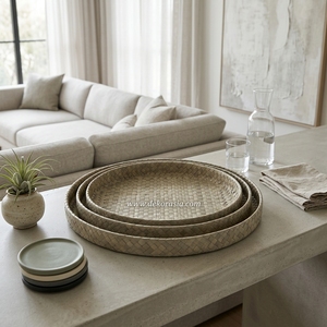 Plateau de service rond en Pandanus, couleur naturelle, fait main, élégant, Asie, Indonésie, lot de 3, décoration de Noël - Product Image 5