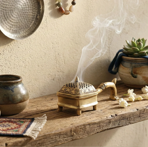 Antique brass dhoop incense <b>burner</b> stand with a long carved <b>side</b> handle for pooja, available at wholesale prices. - Product Image 6