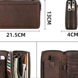 Cartera de Viaje Unisex Marrón de Cuero Genuino Vintage con Doble Cremallera, Bloqueo RFID, Gran Capacidad y Organizador - Product Image 5