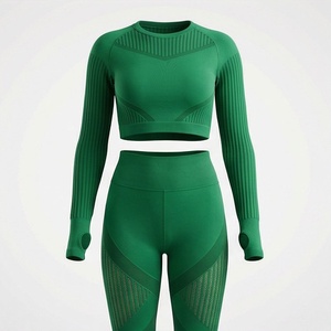 <b>Women</b> <b>Green</b> Seamless Ribbed Yoga 2 Piece Set Long Sleeve Crop Top High Waist <b>Leggings</b> Thumbholes - Product Image 1
