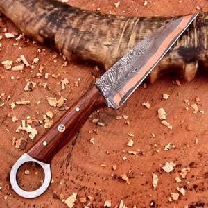 Cuchillo de Caza Skinner Portátil de Acero Damasco de Cobre de Grado Industrial de Alta Calidad con Hoja Entera y Agujero para el Dedo, Punta Caída, 8 Pulgadas - Product Image 5