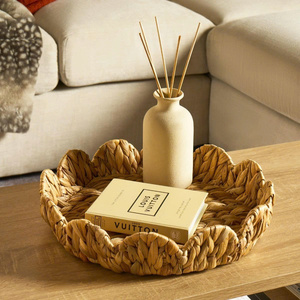 Authentic Water Hyacinth Scalloped Serving Tray Handmade Decorative <b>Table</b> <b>Basket</b> Storage Tray Natural Color Minimalist - Product Image 1