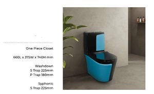 Inodoro de una Pieza, Diseño Superior, Color Azul y Negro, Serie INSTA, 660X375X740mm, Sifón S&P, Sistema de Descarga Sifónica - Product Image 2