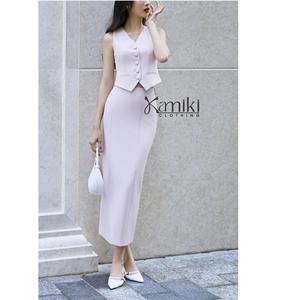 Gilet en sergé pour femme, style américain, col en V, simple boutonnage, teint uni, en sergé peigné structuré, style bureau, Vietnam - Product Image 2