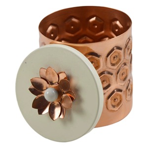 Recipiente Decorativo para Hierbas y Especias de Metal Duradero con Tapa de Ágata y Perilla de Flor, Modelo Copper Salt Pig - Product Image 5