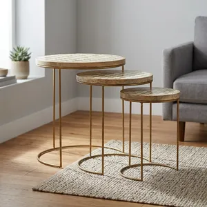 Set of Three Nesting <b>Side</b> <b>Tables</b> with Wood Bone Inlay Checkerboard Tops and <b>Gold</b> Metal Frames Modern Decorative Accent Furniture - Product Image 5
