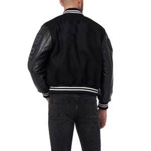 Veste varsity noire pour homme, manches en cuir PU, logo H brodé, col rabattu, style décontracté automne - Product Image 2