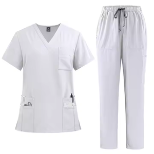 GLOWING NEON INDUSTRY Women White Scrub Set V-Neck <b>Top</b> Pockets Elastic Waist Pants Hospital Uniforms Cotton Polyester Woven - Product Image 1