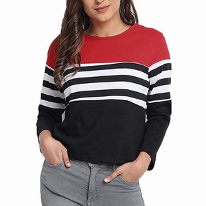 Camiseta de Punto de Manga Larga con Cuello Redondo para Mujer, Diseño de Bloques de Color y Rayas, Corte Regular Informal, Transpirable, para Todas las Temporadas, en Tendencia - Product Image 1