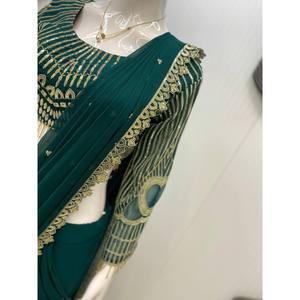 Saree de soirée LG Designer en vert avec broderie séquentielle non cousue pour les fêtes et les occasions spéciales - Product Image 1