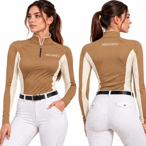 Camiseta de equitación personalizada Camel para mujer, con cremallera de un cuarto, manga larga, para competición ecuestre, transpirable y de alto rendimiento. - Product Image 1