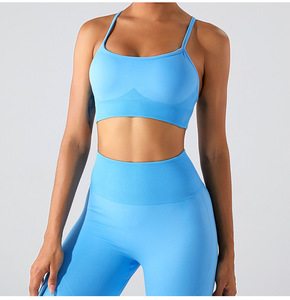 Conjunto Deportivo para Mujer con Sujetador Deportivo Cruzado en la Espalda y Leggings de Cintura Alta Acanalados, Ropa de Yoga y Fitness Azul, Sin Costuras, Transpirable y Elástica - Product Image 5