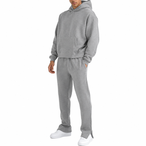 Survêtement gris à capuche pour homme, couleur unie, décontracté, sweat-shirt et pantalon de jogging avec poches latérales, respirant, 100 % coton - Product Image 5
