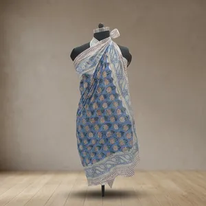 Blue Floral Hand Block Printed Cotton Sarong Scarf with Paisley Border Lightweight <b>Beach</b> <b>Wrap</b> Stole for Women - Product Image 3