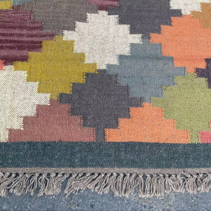 Tapis en laine tissé à la main, style vintage moderne, lavable, poils moyens, multicolore, pour couloir, cuisine, salon, tapis en laine et jute - Product Image 3