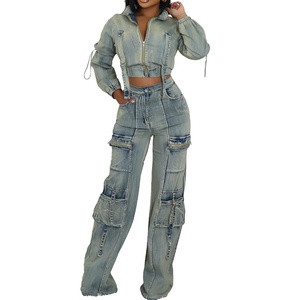 Ensembles de jeans pour femmes 2 Pc pantalons Cargo et hauts à manches longues Streetwear Denim veste dames deux pièces tenues Jean ensemble pour femmes2026 - Product Image 1