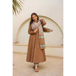 Hermoso Traje Anarkali de Bronce para Fiestas, Talla XS, con Colgante y Dupatta, Tela Crepé, Poliéster/Algodón - Product Image 1