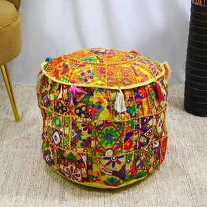Indian Embroidered Patchwork Cotton <b>Pouf</b> Cover Handmade Round Ottoman Cover - Product Image 1