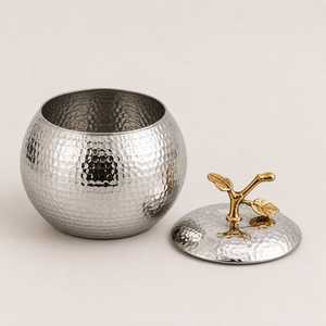 Recipiente de Almacenamiento Ecológico de Metal Martillado, Personalizado, con Tapa Plateada Decorativa y Asa de Hoja de Oro, Contenedor de Lujo para Frutos Secos y Dulces - Product Image 2