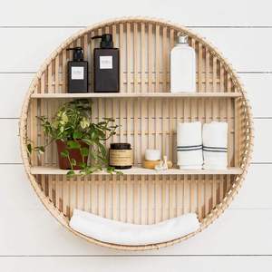 Vintage Circular Rattan <b>wall</b>-<b>mounted</b> <b>shelf</b> 2 Tier Bamboo Floating <b>Shelf</b> Bathroom Towel Cosmetic Storage Living Room Plant Holder - Product Image 1
