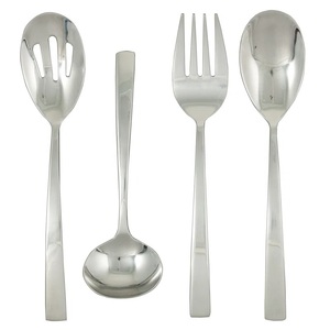 4-Piece Classic Stainless Steel Hostess Serving Set High <b>Polish</b> Slotted Spoon Sauce Ladle & Meat Fork <b>Kit</b> Premium Flat Handles - Product Image 1