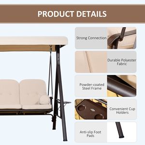 Dondolo da Giardino a 3 Posti con Tettuccio Parasole Beige Eleganza, Cuscini Rimovibili e Vassoi Laterali - Product Image 5