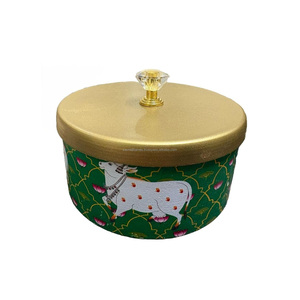 Wholesale Indian Pichwai Cow Enamel Printed Flat <b>Storage</b> Jar Metal Container Gold Lid Crystal Knob Bulk - Product Image 6