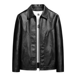 Blouson moto coupe slim en cuir véritable pour homme, coupe-vent, avec col montant, fermeture éclair, manches classiques, color block, idéal pour le printemps - Product Image 1
