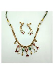 Traditional Gold Plated Choker <b>Necklace</b> <b>Set</b> with Kundan Polki Red Green Stones <b>Pearl</b> Drops and Matching Earrings - Product Image 2