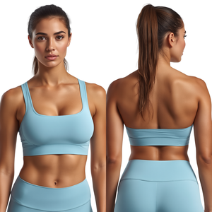 Sujetador deportivo sólido para mujer con cuello redondo y espalda cruzada, soporte medio, transpirable, sin costuras, de malla de elastano/poliamida, top de yoga y fitness. - Product Image 4