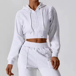Sudadera Corta con Capucha Blanca para Mujer, Manga Larga, Color Sólido, Tejido de Algodón, Ropa de Otoño - Product Image 1