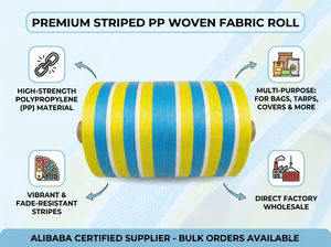 Rouleau de tissu tissé en PP recyclé écologique, motif rayé bleu et jaune, pour sacs de courses, emballage textile durable et résistant - Product Image 6