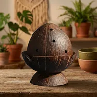 Brûleur d'encens artisanal en bois de noix de coco écologique, gravé et sculpté, motif art populaire, 10 cm, taille personnalisée, Tamil Nadu