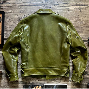 Veste d'hiver en cuir véritable pour homme, couleur olive, style workwear, col mandarin, coupe-vent, poches zippées épaisses sur le devant - Product Image 3