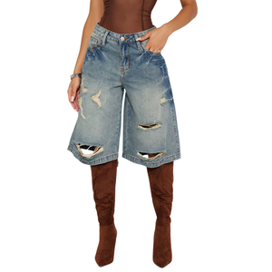 Pantalon large en jean délavé bleu clair pour femme, taille mi-haute, coupe ample, respirant, style vintage, déchiré, décontracté, longueur genou, idéal pour l'été - Product Image 1