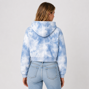 Sweat à capuche court tie-dye OEM pour femme, en molleton doux, avec cordon de serrage et poche kangourou, étiquette personnalisée, streetwear, prix de gros - Product Image 2