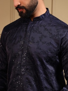 <b>Men</b> Navy Blue Silk <b>Kurta</b> Pajama Set Regular Fit Traditional Indian Pakistani Knee-Length Wrinkle Free Wedding Wear - Product Image 5