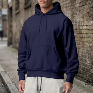 <b>Men's</b> <b>Navy</b> Hooded Sweatshirt Regular Fit Solid Color Casual Long Sleeve Knitted 100% Cotton <b>Fleece</b> Autumn Wear - Product Image 3