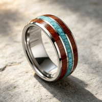 Bague en carbure de tungstène avec incrustation turquoise et bois de baril, bord poli, pour homme et femme, alliance de mariage, fiançailles, promesse, bijoux