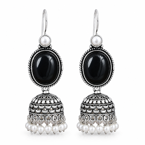 Pendientes Jhumka de Plata Oxidada con Perlas de Ónix Negro al por Mayor, Pendientes Colgantes Bohemios Étnicos Hechos a Mano para Mujer, Joyería de Moda India - Product Image 1
