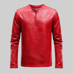 เสื้อยืดคอกลมแขนยาวหนัง PU สีเหลืองล้วนสำหรับผู้ชาย สไตล์ลำลองสำหรับฤดูใบไม้ร่วง - Product Image 5