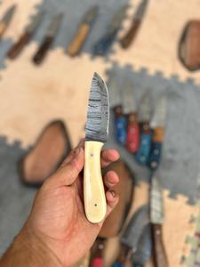 Damascus Steel Fixed Blade Drop Point <b>Knife</b> with <b>Bone</b> <b>Handle</b> Leather Sheath EDC DIY for Camping Outdoor Use - Product Image 1