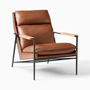 Fauteuil de salon moderne en cuir fait main avec pieds en métal et accoudoirs en bois, dossier solide, design ergonomique pour une utilisation en intérieur dans la chambre - Product Image 1