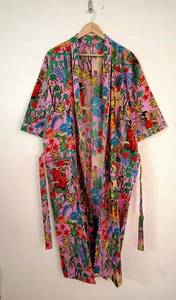 Lightweight Cotton <b>Kimono</b> Robe Featuring Traditional Block Floral Print For <b>Women</b> Night Wear And Easy Home Relaxation - Product Image 3