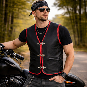 Chaleco de Cuero para Motociclista, Tendencia de Verano para Hombre |   Chaleco de Motocicleta Ecológico y Transpirable de Piel de Oveja Nappa con Cordones Laterales Rojos - Product Image 1