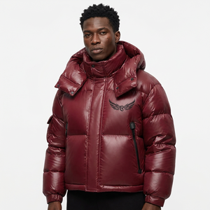 <b>Hooded</b> <b>Jacket</b> Men <b>Red</b> Coated Waterproof Embroidered Logo Stand Collar Front Casual Autumn Regular Standard Zipper - Product Image 2